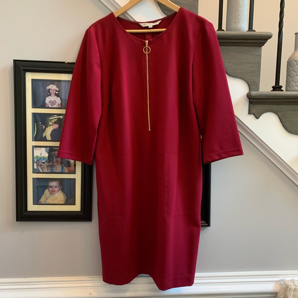 Trina Turk Brick Red 3/4 Sleeve Zip Front Sheath Dress sz 10 NWOT